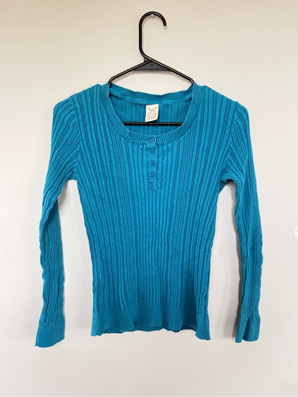 Vintage Faded Glory Teal Blue Ribbed Button-Front Long Sleeve Top Tagged Medium